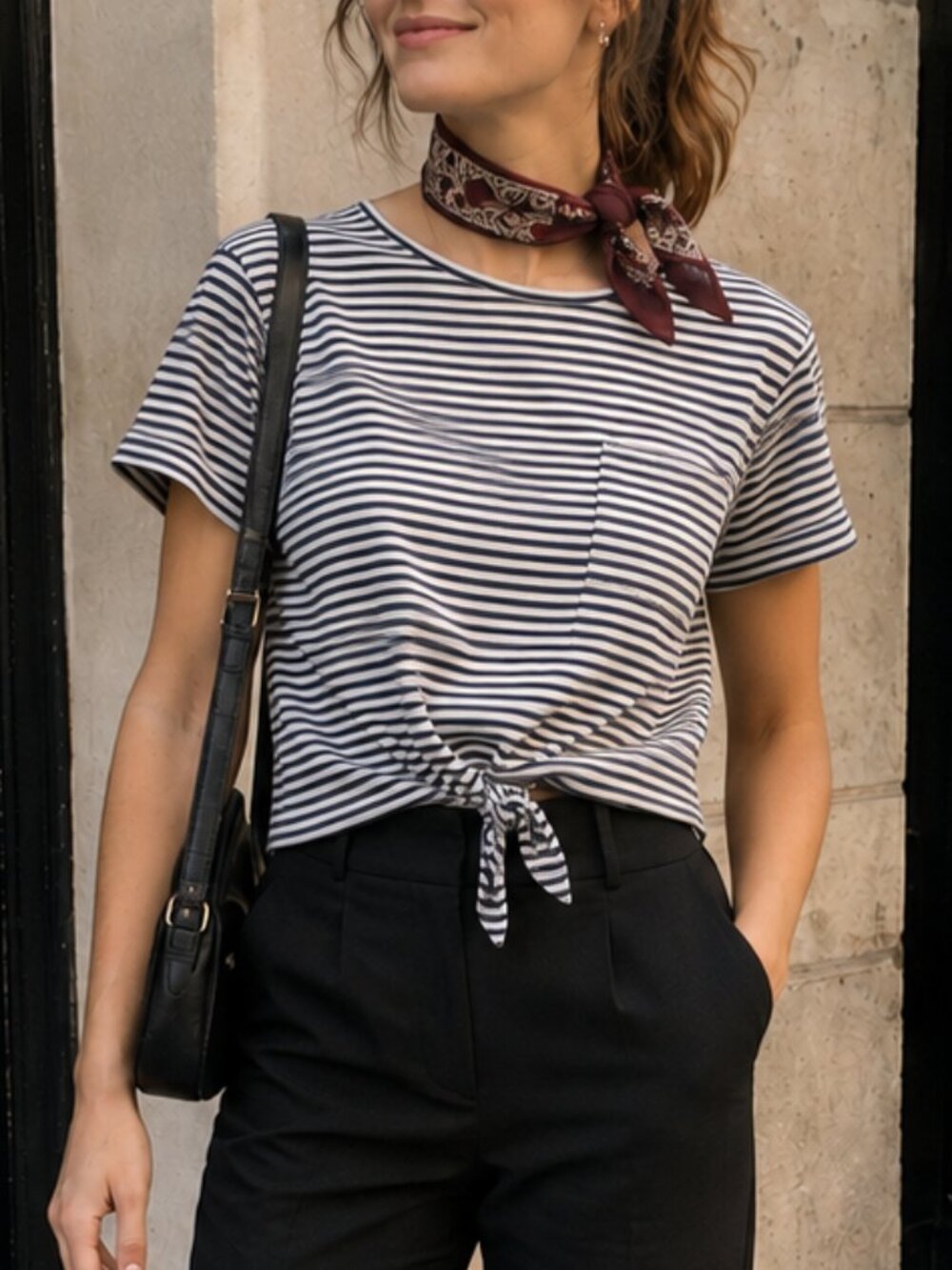J.Crew Blue White Stripe Tie-Front Crop Tee, Sz Lg, Chic, French Girl, Parisian